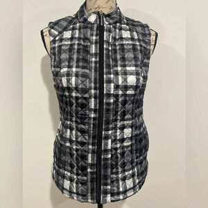 Laura Scott Woman's Quilted Front-Zipper Vest Black White Plaid Size Small